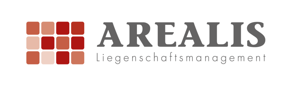 Logo von Arealis Liegenschaftsmanagement mit roten Quadrat-Designs, spezialisiert auf Immobilienverwaltung und Services.