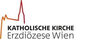 Logo Katholische Kirche Erzdiözese Wien, stilisierter Kirchenumriss mit rotem Kirchturm