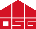 Rotes Logo mit geometrischen Formen und Buchstaben OSG. Moderner Stil, ideal für Architektur- oder Baufirmen.