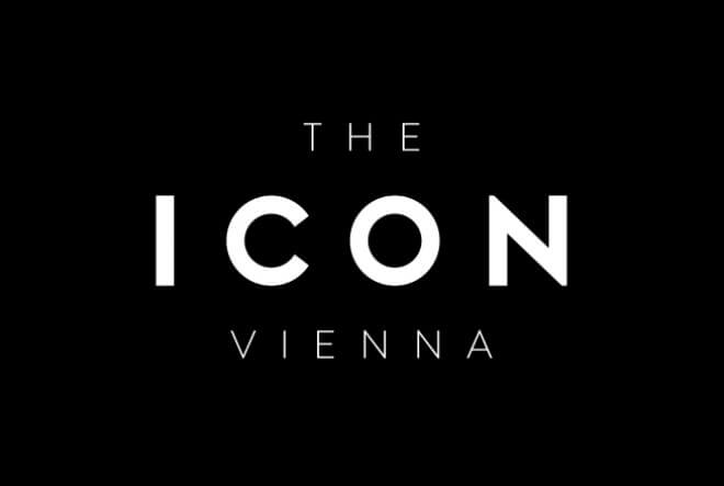 Schwarzes Logo mit weißem Text: The Icon Vienna, ein modernes Gebäudekomplex in Wien.