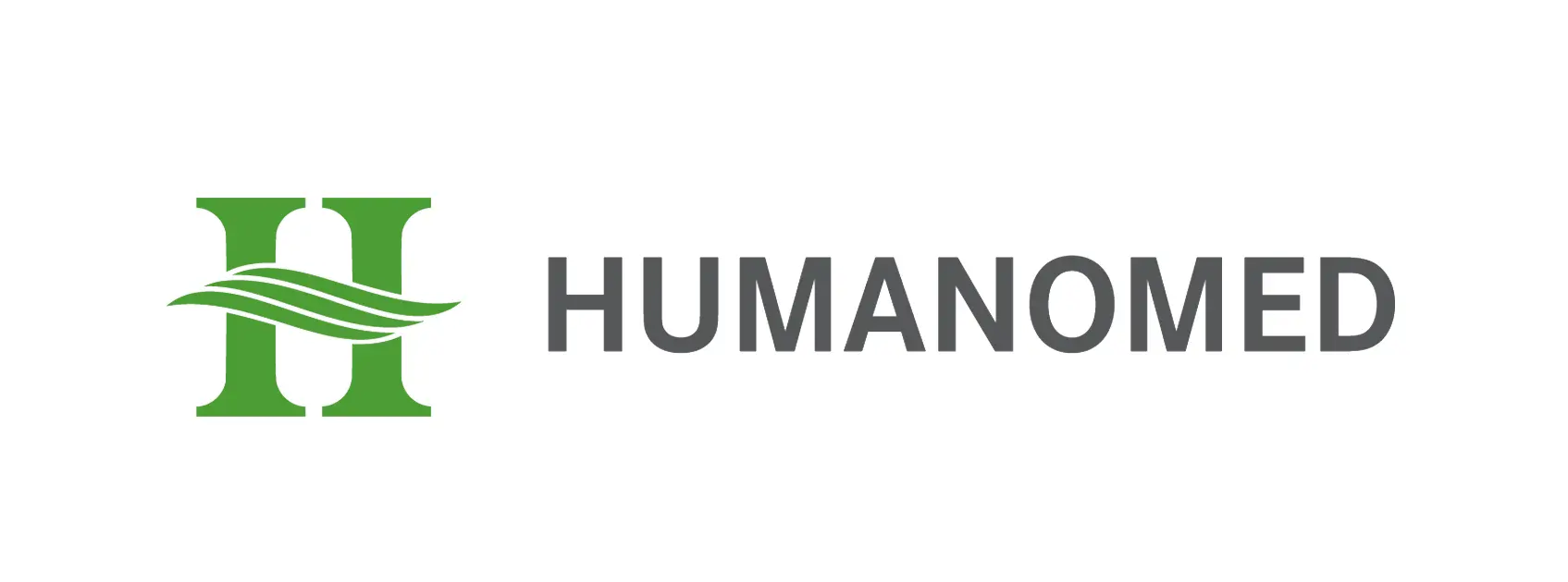Grünes H‑Logo mit drei geschwungenen Wellen links, daneben grauer Schriftzug HUMANOMED